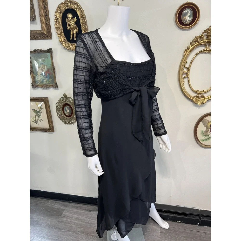 Eva Blue Vintage Black Sequin Sheer Bolero Shrug Layered Midi Dress Set Size 12